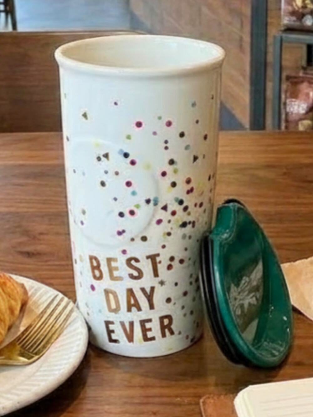 Starbucks “Best Day Ever” Confetti Ceramic Mug with Lid – 10 oz (2015)